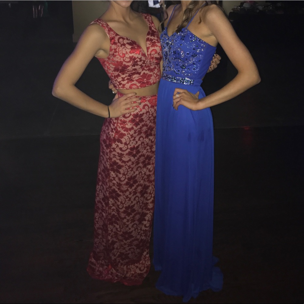 Red lace formal dress, faux two piece